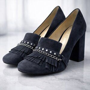 Nine West Navy Suede Fringe & Chain Block Heel Pumps Size 8M